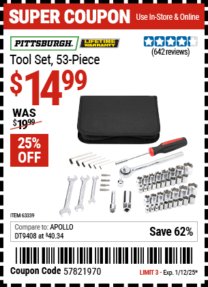 Buy the PITTSBURGH Tool Set, 53-Piece (Item 63339) for $14.99, valid through 1/12/2025.