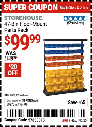 Buy the STOREHOUSE 47 Bin Floor Mount Parts Rack (Item 95736/61166) for $99.99, valid through 1/12/2025.