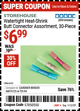 Buy the STOREHOUSE Watertight Heat-Shrink Butt Connector Assortment, 30-Piece (Item 66729) for $6.99, valid through 1/12/2025.