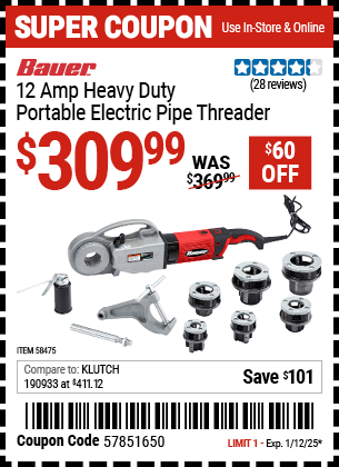 Buy the BAUER 12 Amp Heavy Duty Portable Electric Pipe Threader (Item 58475) for $309.99, valid through 1/12/2025.