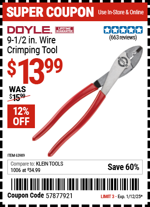 Buy the DOYLE 9-1/2 in. Wire Crimping Tool (Item 63989) for $13.99, valid through 1/12/2025.