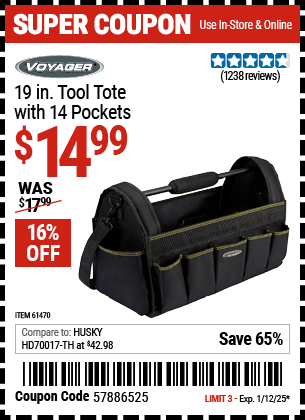 Buy the VOYAGER 19 in. Tool Tote with 14 Pockets (Item 61470) for $14.99, valid through 1/12/2025.