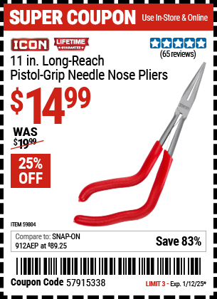 Buy the ICON 11 in. Long-Reach Pistol-Grip Needle Nose Pliers (Item 59804) for $14.99, valid through 1/12/2025.