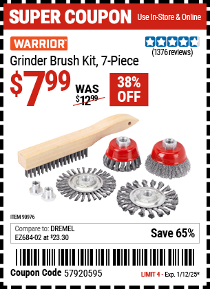 Buy the WARRIOR Grinder Brush Kit, 7-Piece (Item 90976) for $7.99, valid through 1/12/2025.