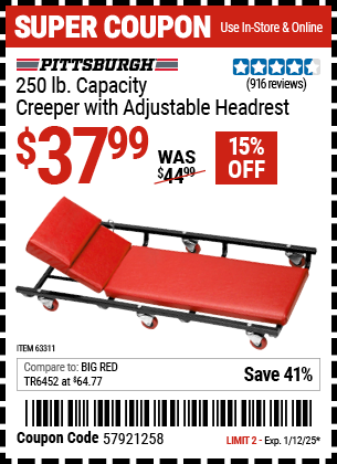 Buy the PITTSBURGH AUTOMOTIVE 250 lb. Capacity Creeper With Adjustable Headrest (Item 63311) for $37.99, valid through 1/12/2025.