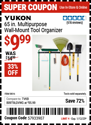 Buy the YUKON 65 in. Multi-Purpose Wall Mount Tool Organizer (Item 58516) for $9.99, valid through 1/12/2025.