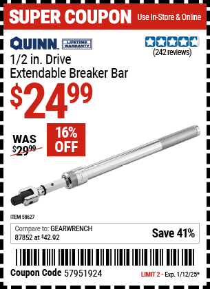 Buy the QUINN 1/2 in. Drive Extendable Breaker Bar (Item 58627) for $24.99, valid through 1/12/2025.