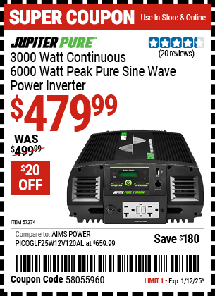 Buy the JUPITER PURE 3000 Watt Continuous/6000 Watt Peak Pure Sine Wave Power Inverter (Item 57274) for $479.99, valid through 1/12/2025.