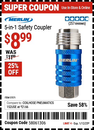 Buy the MERLIN 5-in-1 Safety Coupler (Item 57571) for $8.99, valid through 1/12/2025.