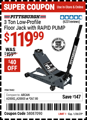 Buy the PITTSBURGH 3 Ton Low-Profile Floor Jack with RAPID PUMP, Slate Gray (Item 70482) for $119.99, valid through 1/26/2025.