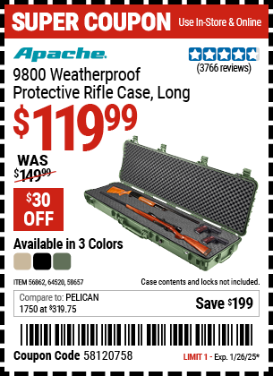 Buy the APACHE 9800 Weatherproof Protective Rifle Case, Long (Item 64520/58657/64520) for $119.99, valid through 1/26/2025.