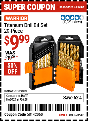 Buy the WARRIOR Titanium Drill Bit Set, 29 Piece (Item 61637/62281) for $9.99, valid through 1/26/2025.