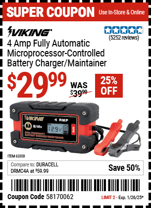 Buy the VIKING 4 Amp Fully Automatic Microprocessor-Controlled Battery Charger/Maintainer (Item 63350) for $29.99, valid through 1/26/2025.