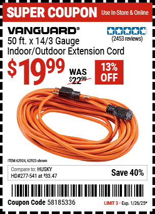 Buy the VANGUARD 50 ft. x 14/3 Gauge Indoor/Outdoor Extension Cord, Orange (Item 62923/62924) for $19.99, valid through 1/26/2025.