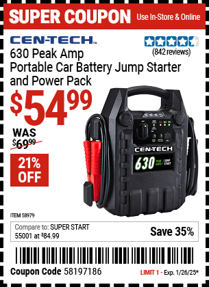 Buy the CEN-TECH 630 Peak Amp Portable Car Battery Jump Starter and Power Pack (Item 58979) for $54.99, valid through 1/26/2025.