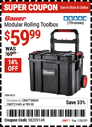 Buy the BAUER Modular Rolling Toolbox (Item 58512) for $59.99, valid through 1/26/2025.