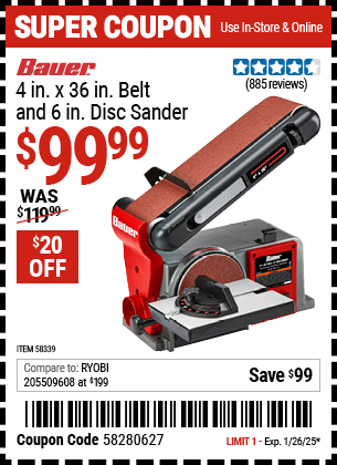 Buy the BAUER 4 in. x 36 in. Belt and 6 in. Disc Sander (Item 58339) for $99.99, valid through 1/26/2025.