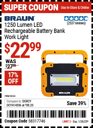 Buy the BRAUN 1250 Lumen LED Rechargeable Battery Bank Work Light (Item 56163) for $22.99, valid through 1/26/2025.