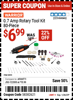 Buy the WARRIOR 0.7 Amp Rotary Tool Kit, 80-Piece (Item 58999) for $6.99, valid through 1/26/2025.