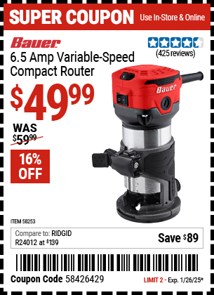 Buy the BAUER 6.5 Amp Variable Speed Compact Router (Item 58253) for $49.99, valid through 1/26/2025.