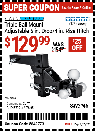 Buy the HAUL-MASTER Triple-Ball Mount Adjustable 6 in. Drop/ 4 in. Rise Hitch (Item 58790) for $129.99, valid through 1/26/2025.