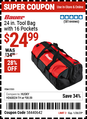 Buy the BAUER 24 in. Tool Bag with 16 Pockets (Item 57351) for $24.99, valid through 1/26/2025.