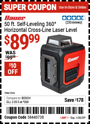 Buy the BAUER 50 ft. Self-Leveling 360° Horizontal Cross Line Laser Level (Item 57933) for $89.99, valid through 1/26/2025.