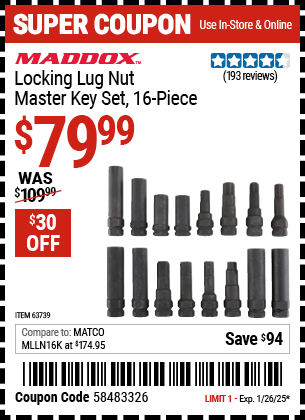 Buy the MADDOX Locking Lug Nut Master Key Set, 16-Piece (Item 63739) for $79.99, valid through 1/26/2025.