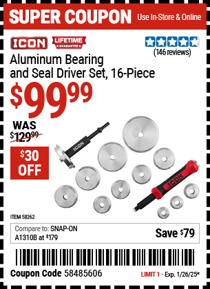 Buy the ICON Aluminum Bearing and Seal Driver Set, 16-Piece (Item 58262) for $99.99, valid through 1/26/2025.