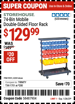 Buy the STOREHOUSE 74-Bin Mobile Double-Sided Floor Rack (Item 62269/95551) for $129.99, valid through 1/26/2025.