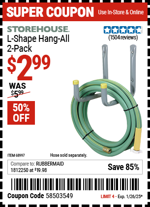 Buy the STOREHOUSE L-Shape Hang-All, 2 Pack (Item 68997) for $2.99, valid through 1/26/2025.