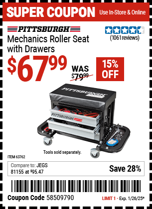 Buy the PITTSBURGH AUTOMOTIVE Mechanics Roller Seat with Drawers (Item 63762) for $67.99, valid through 1/26/2025.