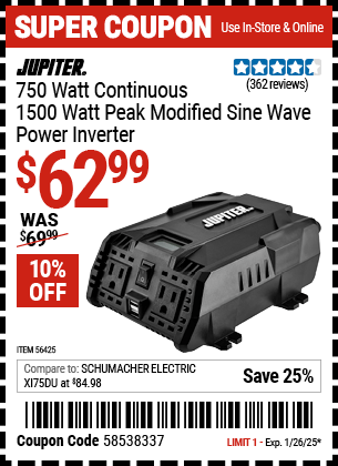 Buy the JUPITER 750 Watt Continuous/1500 Watt Peak Modified Sine Wave Power Inverter (Item 56425) for $62.99, valid through 1/26/2025.