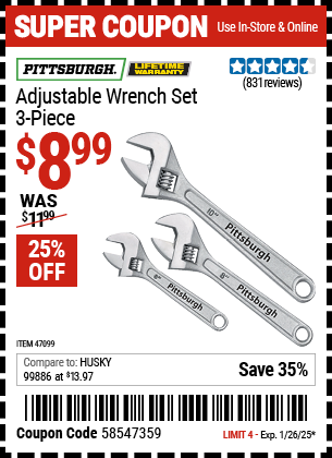 Buy the PITTSBURGH Adjustable Wrench Set, 3-Piece (Item 47099) for $8.99, valid through 1/26/2025.