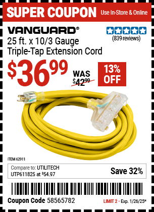 Buy the VANGUARD 25 ft. x 10/3 Gauge Triple Tap Extension Cord, Yellow (Item 62911) for $36.99, valid through 1/26/2025.