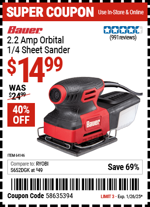 Buy the BAUER 2.2 Amp Orbital 1/4 Sheet Sander (Item 64146) for $14.99, valid through 1/26/2025.