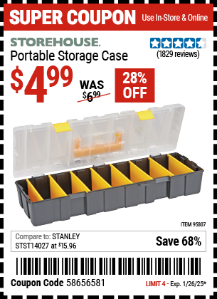 Buy the STOREHOUSE Portable Storage Case (Item 95807) for $4.99, valid through 1/26/2025.