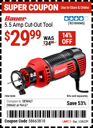 Buy the BAUER 5.5 Amp Cut-Out Tool (Item 58208) for $29.99, valid through 1/26/2025.