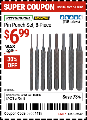 Buy the PITTSBURGH Pin Punch Set, 8-Piece (Item 93424) for $6.99, valid through 1/26/2025.