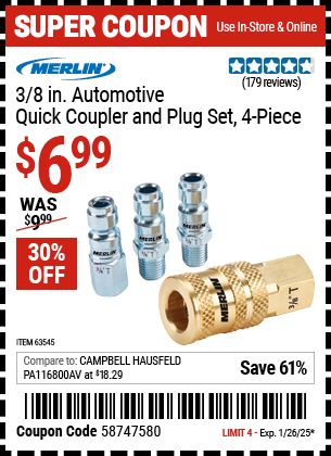 Buy the MERLIN 3/8 in. Automotive Quick Coupler and Plug Set, 4-Piece (Item 63545) for $6.99, valid through 1/26/2025.