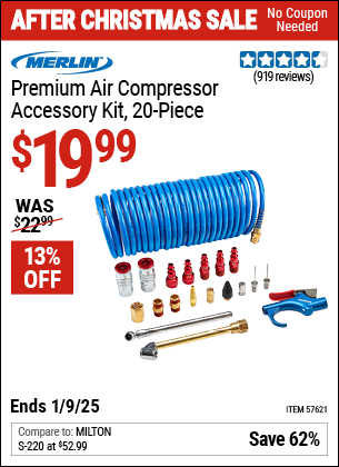 Buy the MERLIN Premium Air Compressor Accessory Kit, 20-Piece (Item 57621) for $19.99, valid through 1/9/2025.