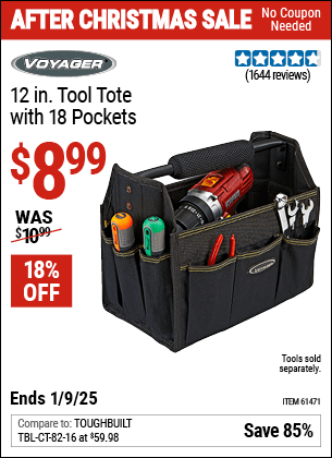 Buy the VOYAGER 12 in. Tool Tote with 18 Pockets (Item 61471) for $8.99, valid through 1/9/2025.