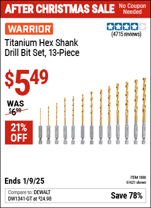 Buy the WARRIOR Titanium Hex Shank Drill Bit Set, 13-Piece (Item 61621/1800) for $5.49, valid through 1/9/2025.