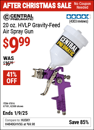 Buy the CENTRAL PNEUMATIC 20 oz. HVLP Gravity Feed Air Spray Gun (Item 62300/47016/67181) for $9.99, valid through 1/9/2025.