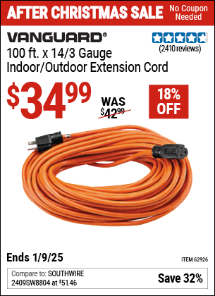 Buy the VANGUARD 100 ft. x 14/3 Gauge Indoor/Outdoor Extension Cord, Orange (Item 62926) for $34.99, valid through 1/9/2025.