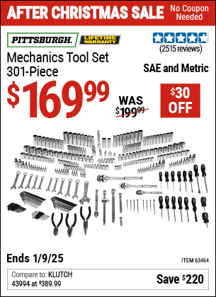 Buy the PITTSBURGH Mechanics Tool Set, 301 Piece (Item 63464) for $169.99, valid through 1/9/2025.