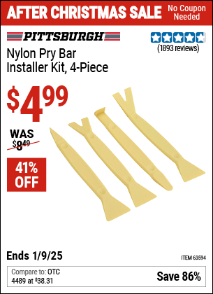 Buy the PITTSBURGH AUTOMOTIVE Nylon Pry Bar Installer Kit, 4 Piece (Item 63594) for $4.99, valid through 1/9/2025.