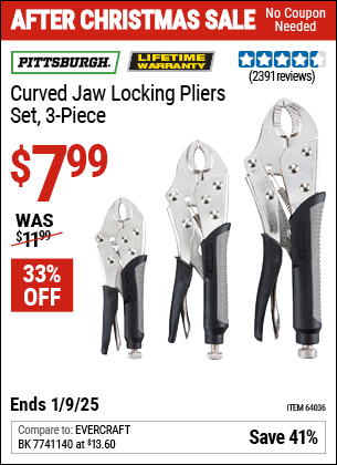 Buy the PITTSBURGH Curved Jaw Locking Pliers Set, 3 Piece (Item 64036) for $7.99, valid through 1/9/2025.