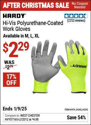 Buy the HARDY Hi-Vis Polyurethane-Coated Work Gloves (Item 64242/64243/64474) for $2.29, valid through 1/9/2025.