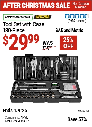 Buy the PITTSBURGH Tool Set with Case, 130 Piece (Item 64263) for $29.99, valid through 1/9/2025.